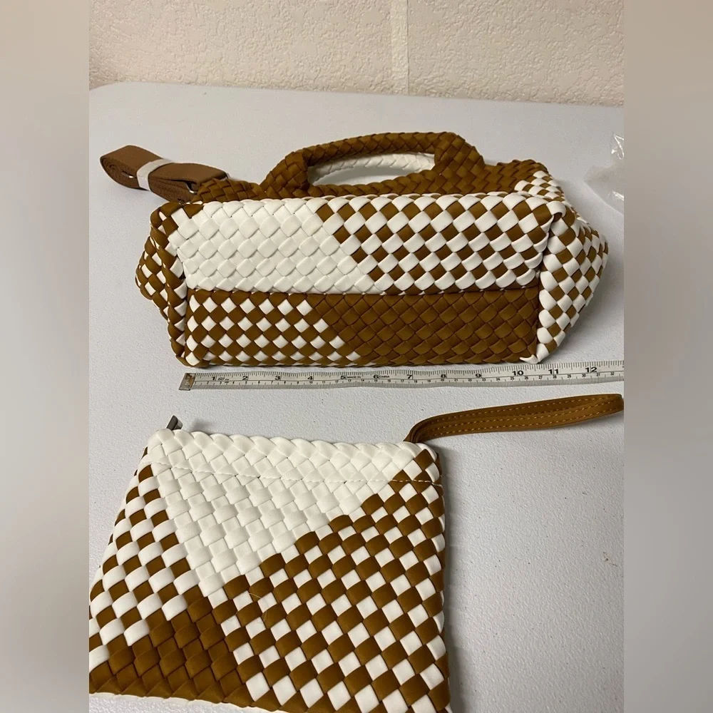 Brown and White Woven Tote Bag Set